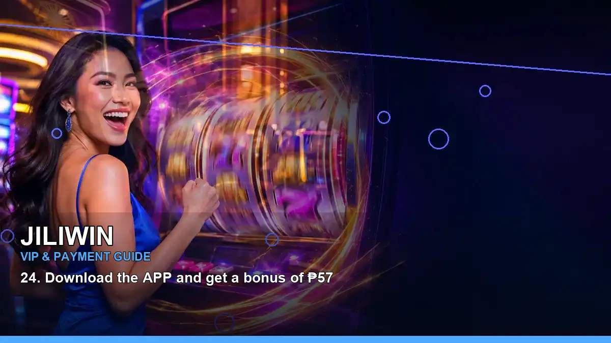 JILIWIN Philippine casino scene with night-time online slot play and an adult Filipina casino host on the left